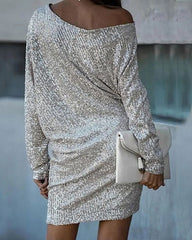 Party Wear V Neck Long Sleeve Contrast Sequin Dress