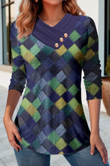 Diamond Geometric Print V-Neck Button-Up T-Shirt