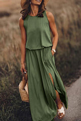 Round Neck Sleeveless Split Solid Maxi Dress