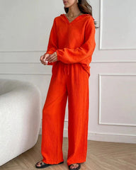 Long Sleeve Lapel Top Drawstring Pants Two-Piece Set
