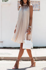 Satin Crinkled Sleeveless Stand-Neck Dress