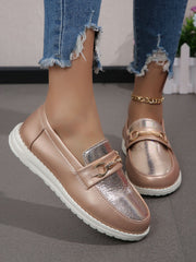 Champagne Leaf-Shaped Metallic Buckle Flat Loafers