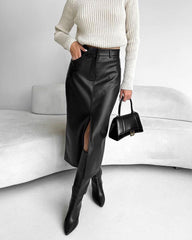 Vintage Front Slit and Lining Faux Leather Skirt