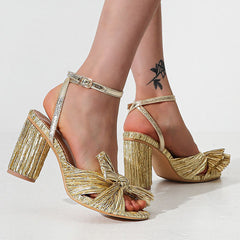 Flannel Lace Chunky Heel Bow Tie Sandals