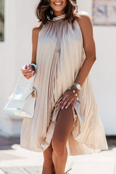 Satin Crinkled Sleeveless Stand-Neck Dress