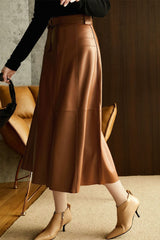 Vintage Brown High Waist A-Line Leather Skirt