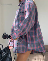 Notched Lapel Loose-Fit Plaid Long Sleeve Pocket Shirt