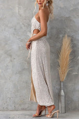 Drawstring sequin waist cutout dress