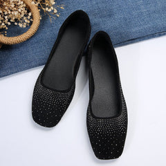 Diamond-studded black matte round-toe flat shoes