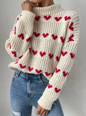 Half High Neck Loose Fit Love Heart Jacquard Knit Sweater
