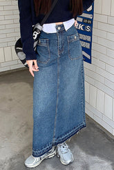 Washed denim high-waisted multi-pocket A-line skirt