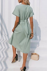 Elegant Green Cotton Knotted Straight Dress