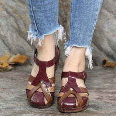 Vintage Round Toe Wedge Cross Buckle Sandals