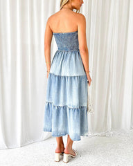 Sleeveless Strapless Side Slit Layered Denim Dress with