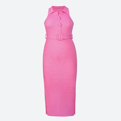 Turn-down Collor Sleeveless Knitted Bodycon Dress