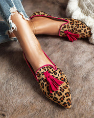 Pointed-toe Fringe Leopard Contrast Mules