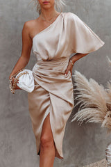 Glam Expectations One Shoulder Satin Drape Dress