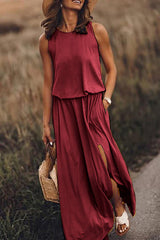 Round Neck Sleeveless Split Solid Maxi Dress