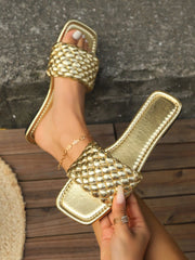 One-Strap Metallic Flat Woven Slippers