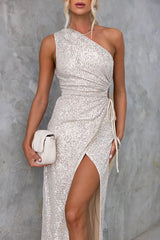 Drawstring sequin waist cutout dress