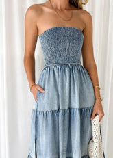 Sleeveless Strapless Side Slit Layered Denim Dress with