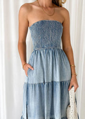 Sleeveless Strapless Side Slit Layered Denim Dress with