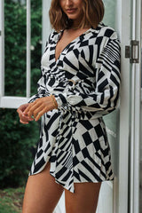 Geometric V-Neck Irregular Hem Long Sleeve Dress