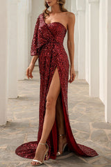 One Shoulder Irregular Sequin Maxi Dress