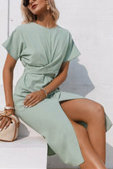 Elegant Green Cotton Knotted Straight Dress