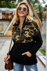 Camouflage Color Block Zip Fluffy Sweatshirt