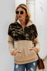 Camouflage Color Block Zip Fluffy Sweatshirt