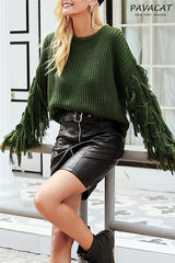 Casual O Neck Tassel Sweater - Armygreen