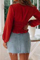 Casual Ruffled Collarless Shirt Top