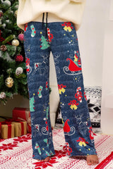 Christmas Printed Wide Leg Pants - Blue