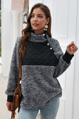 Color Block High Neck Buttons Sweatshirt