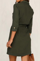 Cropped Sleeve Single-breasted Pocket Dress