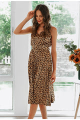 Elegant Leopard Spaghetti Strap Pleated Dress