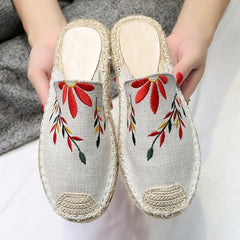 Embroidered Espadrille Flat Slippers