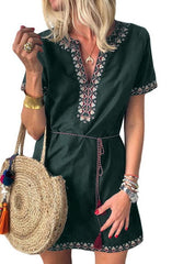 Embroidered V-neck Short Sleeve Loose Dress