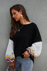 Embroidery Lantern Sleeve Loose Sweater