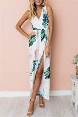 Floral V Neck Slit Jumpsuit