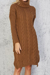 High Neck Cable Knit Slit Sweater Dress