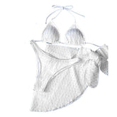 Solid halter textured self tie padded 3 piece swimwear