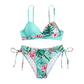 Flower print cross front padded self tie cami bikini swimwear