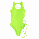 Hollow out lace up self tie one piece swimwear