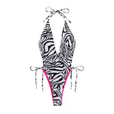 Zebra print v neck halter contrast self tie backless one piece swimwear