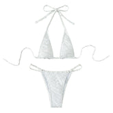 Textured solid halter self tie backless bikini swimwear