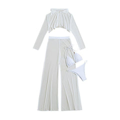 Long sleeve turnover collar solid halter pant 4 piece swimwear