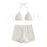 Textured halter solid self tie backless pant bikini swimwear