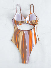 Contrast striped hollow out button padded one piece swimwear